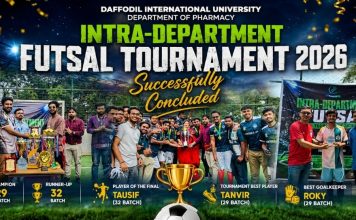ড্যাফোডিল ইন্টারন্যাশনাল ইউনিভার্সিটি ফার্মেসি বিভাগের “Intra-Department Futsal Tournament 2026” সফলভাবে সম্পন্ন
